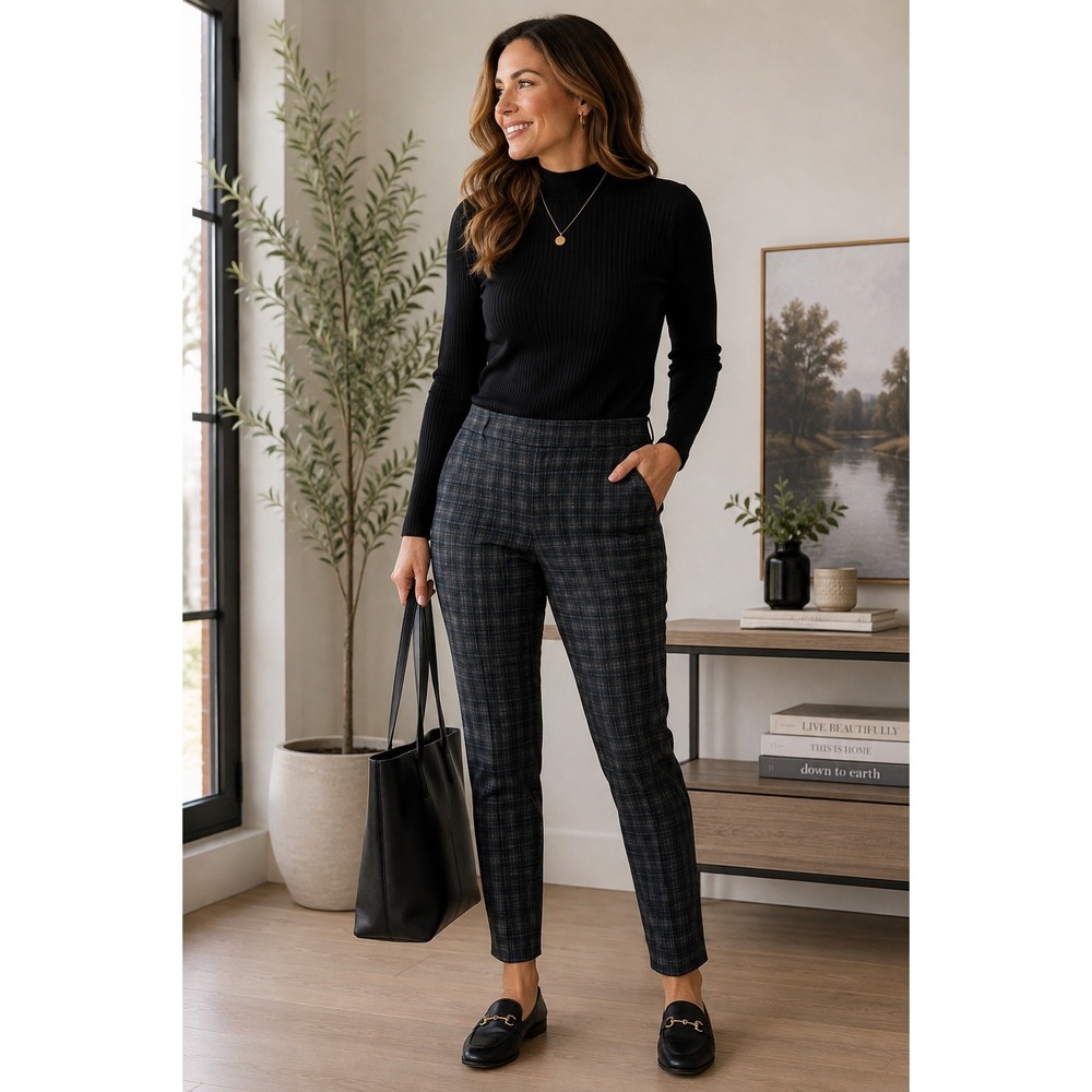 Nanette Lepore Grey Blue Plaid Pull On Slim Leg Trousers Pants Womens XL
